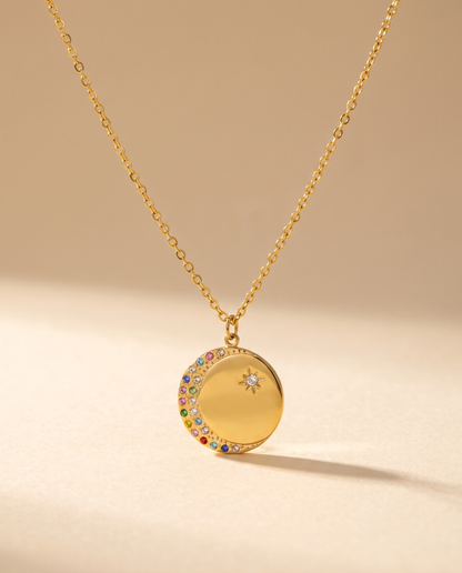 Oval Diamond Drop Necklace — stainless steel with 18K gold plating, on a plain ground, view 3.