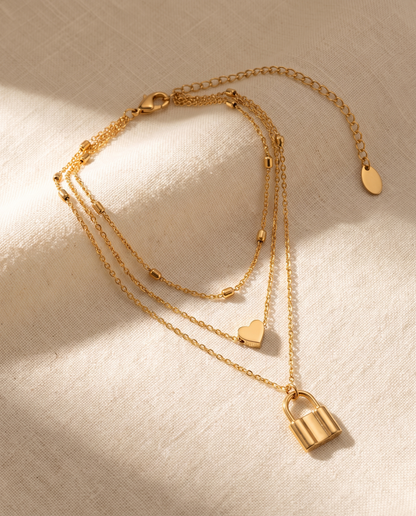 Layered Love Lock Necklace in gold, in gold-plated copper.