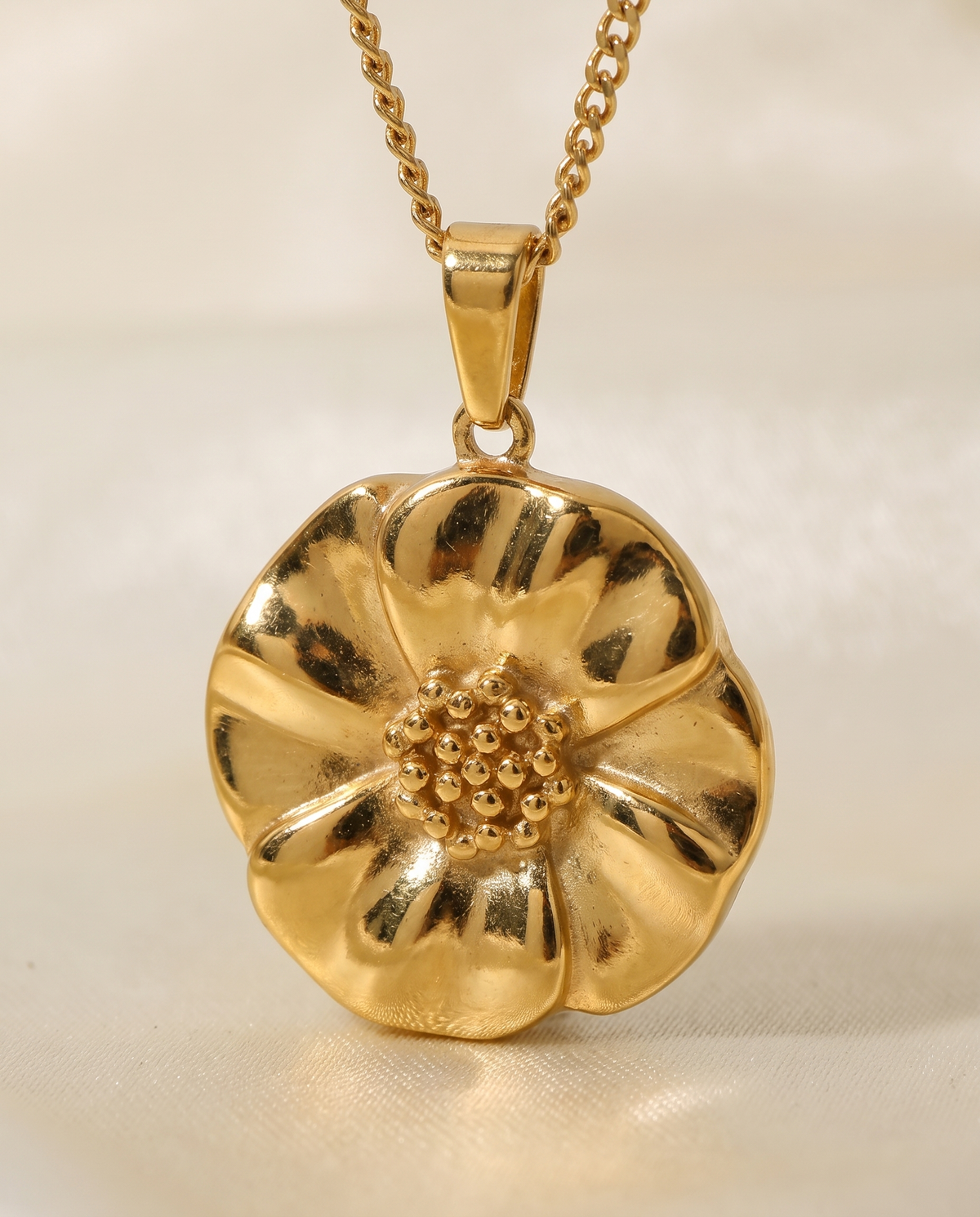 Poppy Flower Pendant Necklace in gold, in stainless steel with 18K gold plating, view 3.