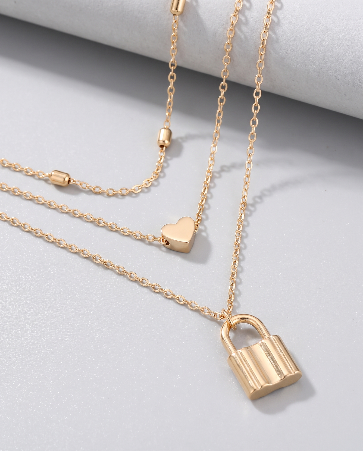 Layered Love Lock Necklace in gold, in gold-plated copper, view 3.