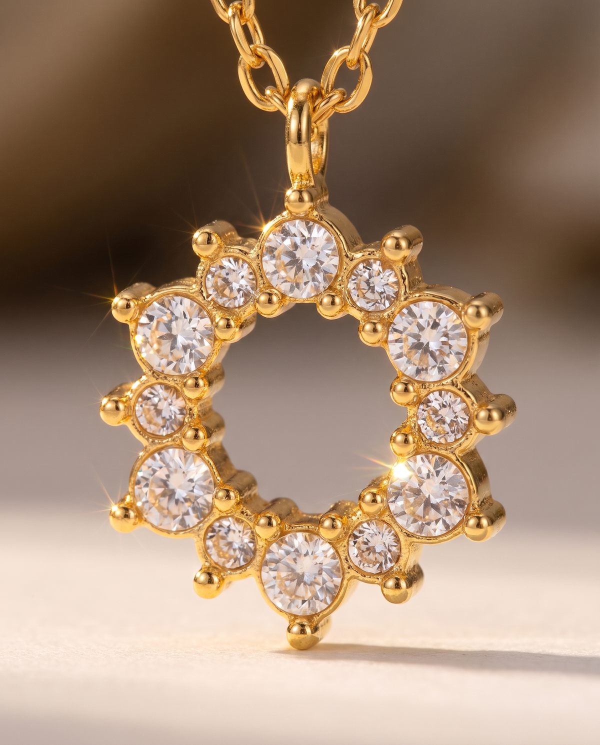 Geometric Ring Pendant Necklace in gold — a close view of the necklace's detail and finish.