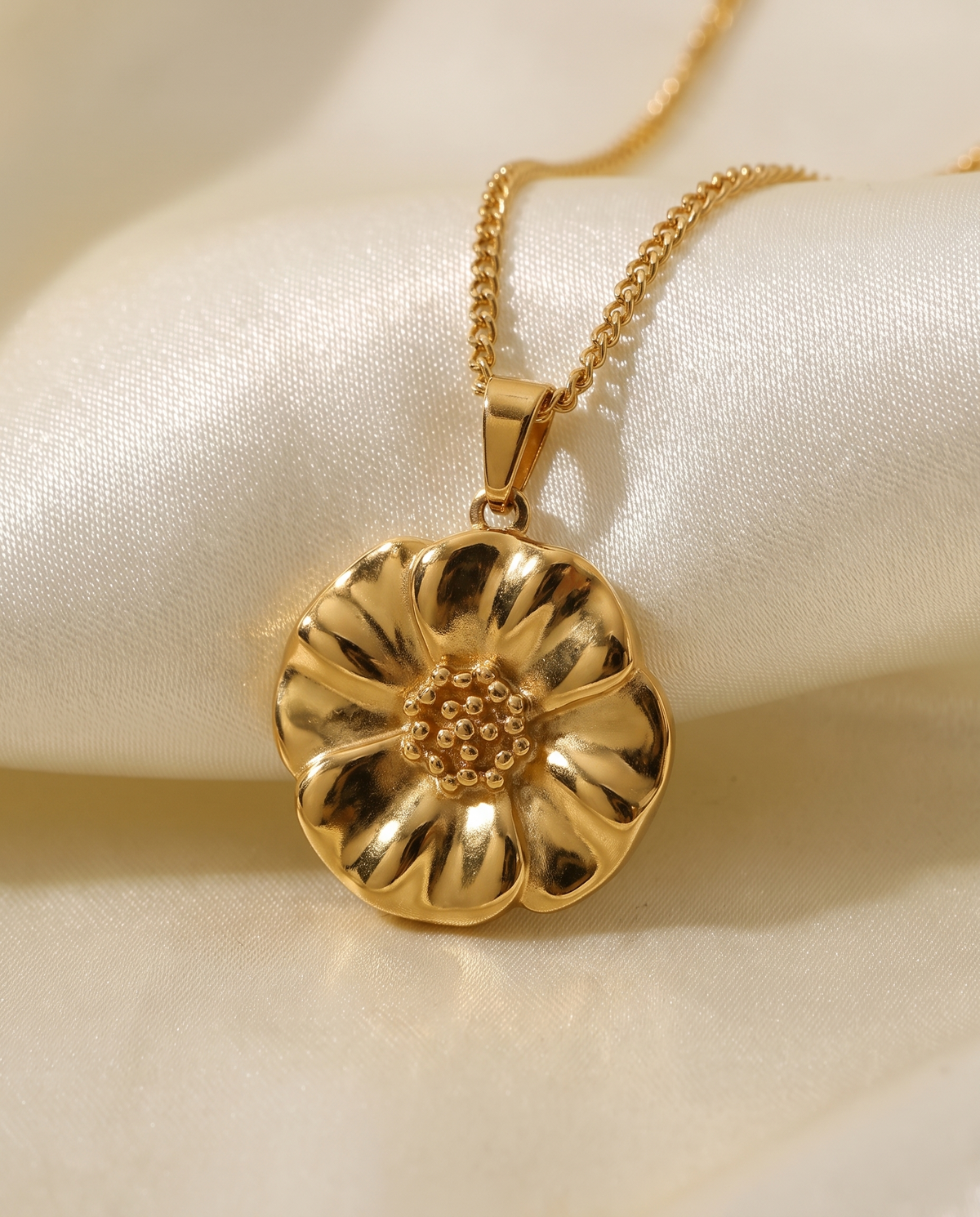 Poppy Flower Pendant Necklace in gold, in stainless steel with 18K gold plating, view 4.