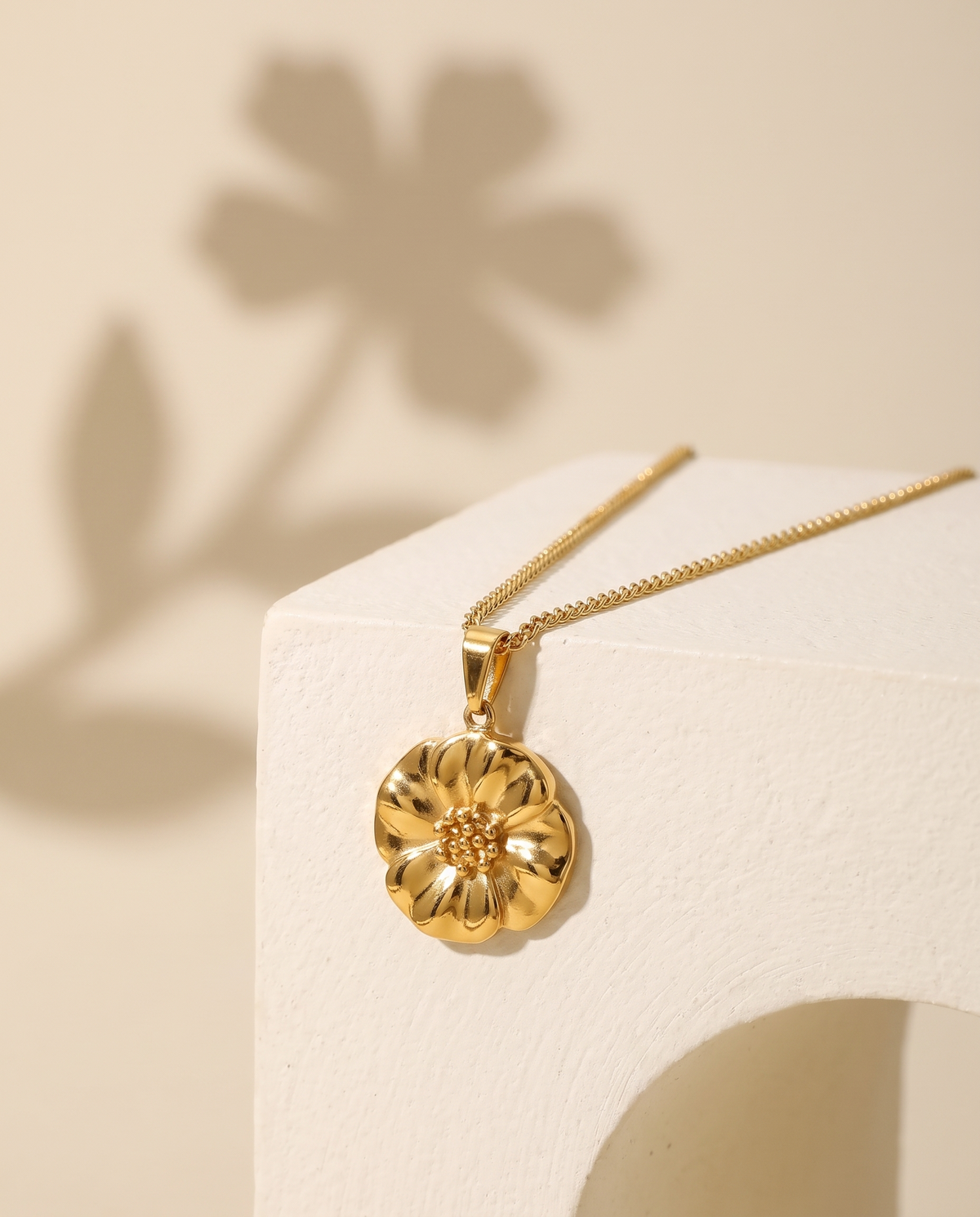 Poppy Flower Pendant Necklace in gold, in stainless steel with 18K gold plating, view 5.