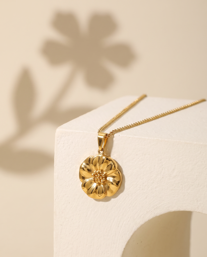 Poppy Flower Pendant Necklace in gold, in stainless steel with 18K gold plating, view 5.