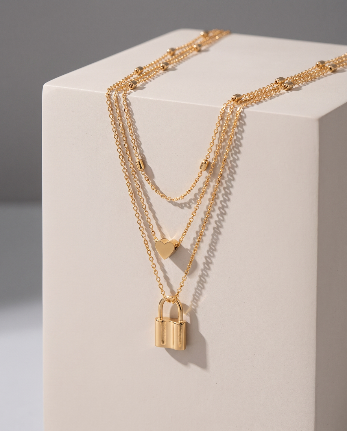 Layered Love Lock Necklace in gold, in gold-plated copper, view 5.