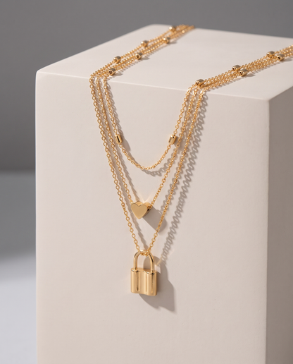 Layered Love Lock Necklace in gold, in gold-plated copper, view 5.