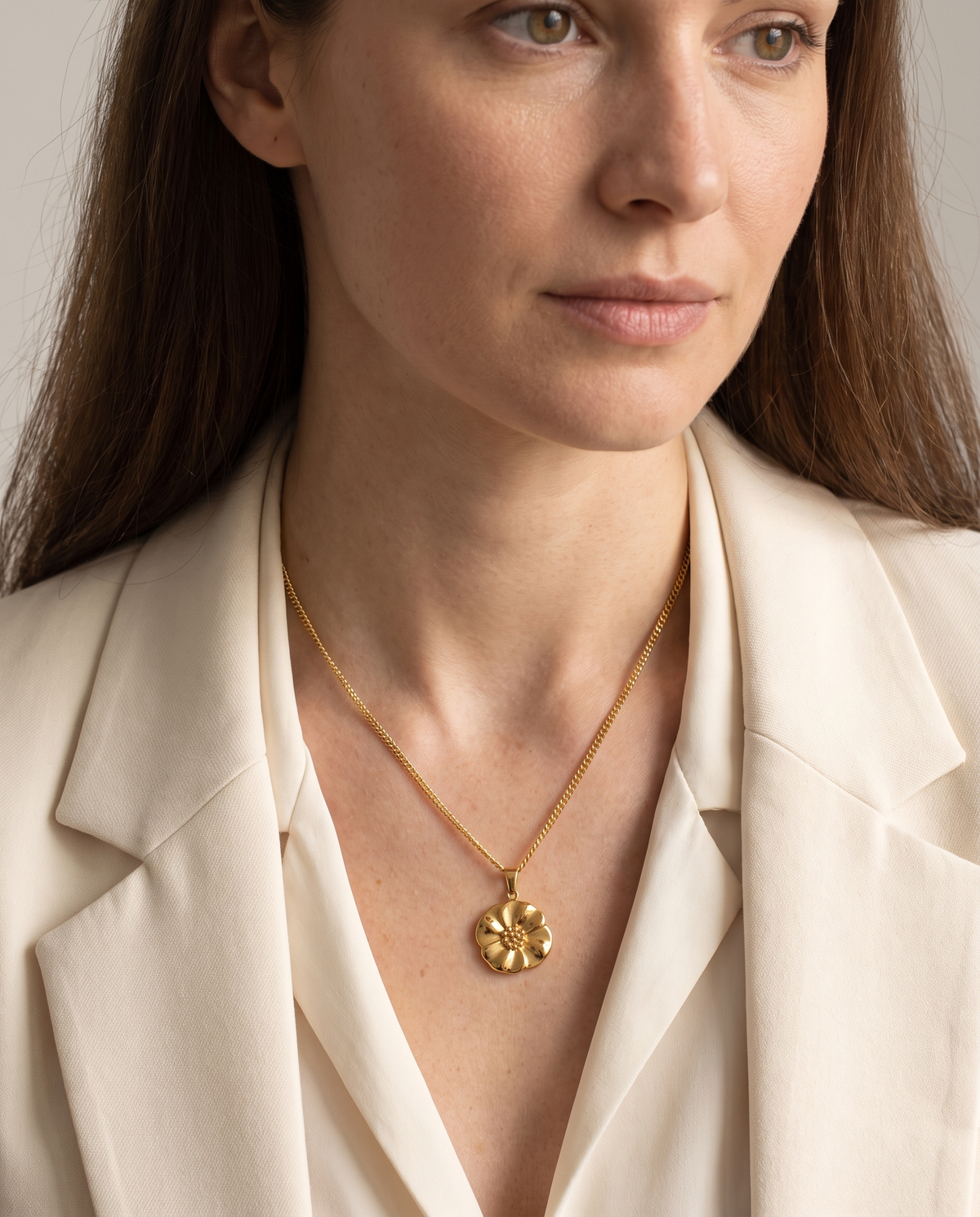 Poppy Flower Pendant Necklace in gold, in stainless steel with 18K gold plating, view 6.