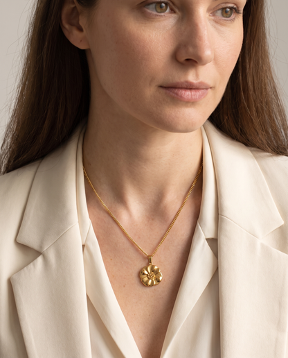 Poppy Flower Pendant Necklace in gold, in stainless steel with 18K gold plating, view 6.