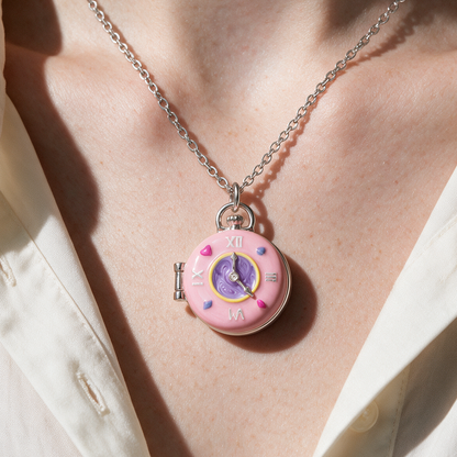 Donut Clock Locket Necklace in silver, worn.
