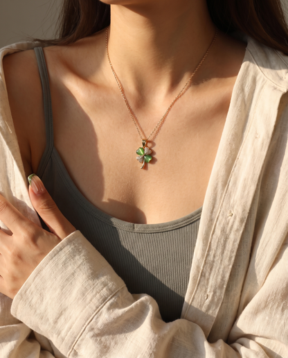 Inlaid Pendant Necklace in green, worn.