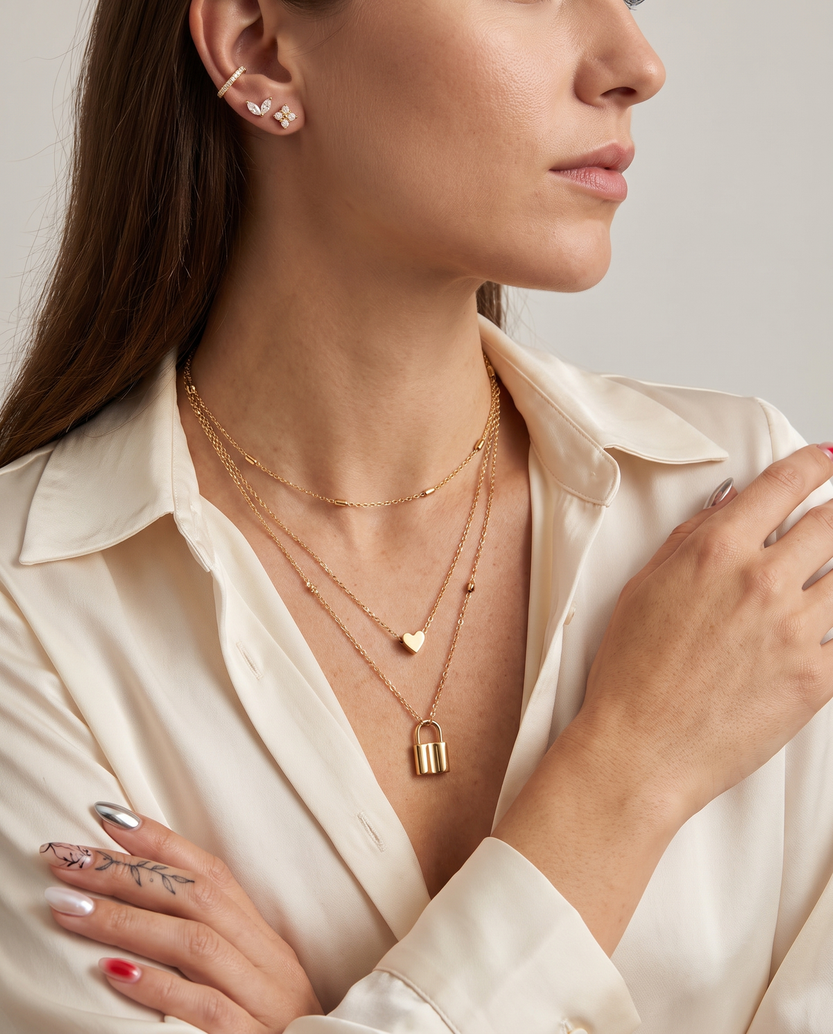 Layered Love Lock Necklace in gold, in gold-plated copper, view 8.
