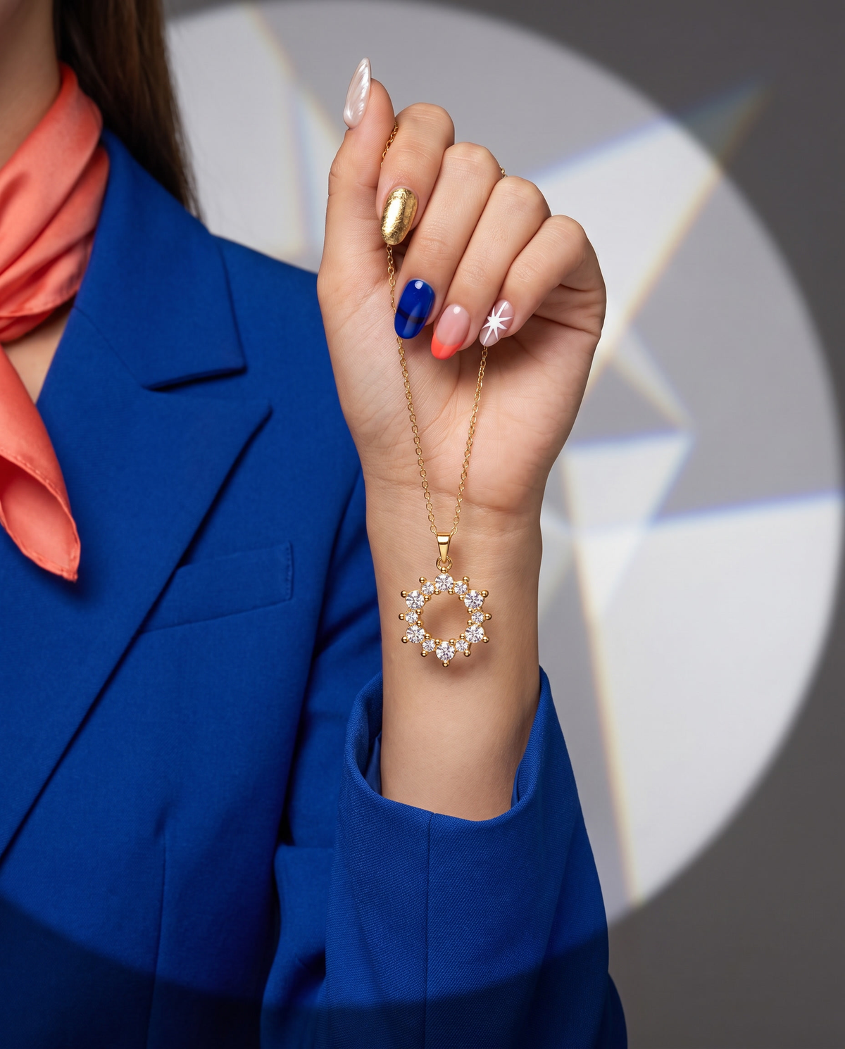 Geometric Ring Pendant Necklace in gold, worn, view 9.