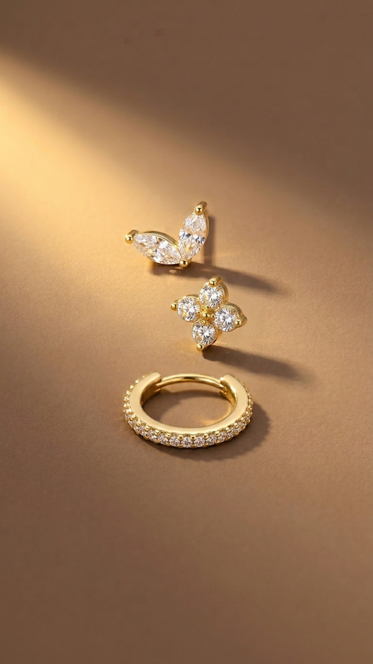Flower & Leaf Minimalist Earring Set – 3 Piece Gold Collection