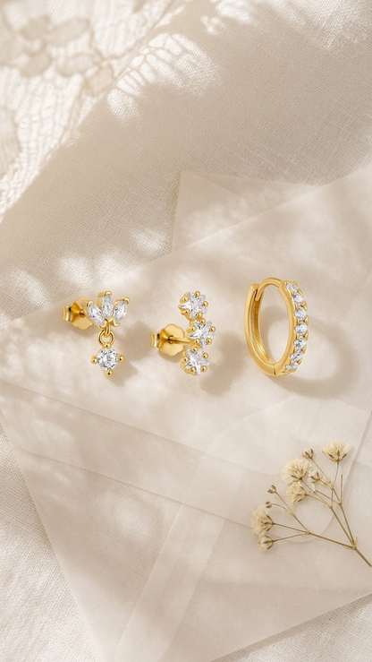 Flower & Leaf Minimalist Earring Set – 3 Piece Gold Collection
