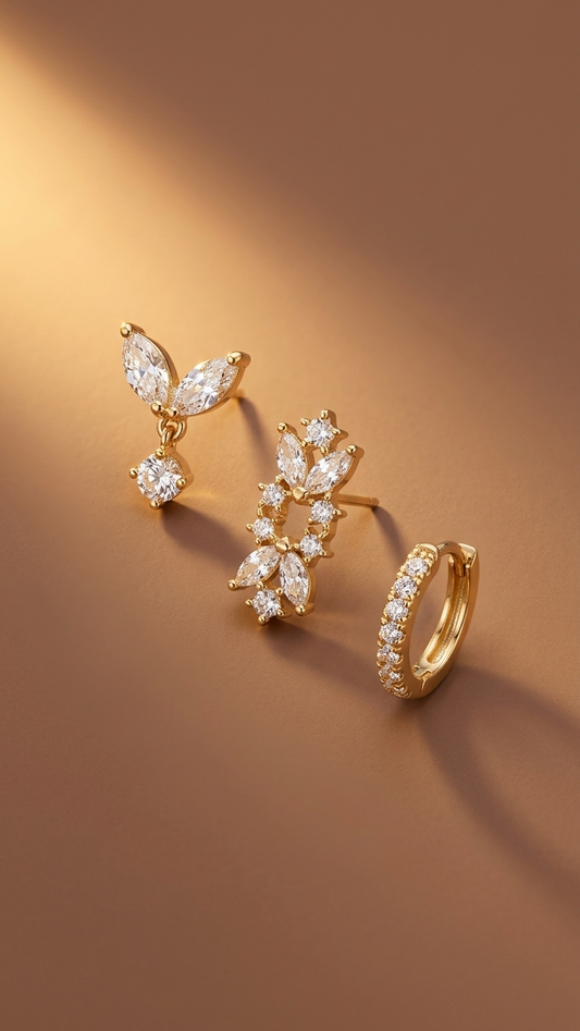 Flower & Leaf Minimalist Earring Set – 3 Piece Gold Collection